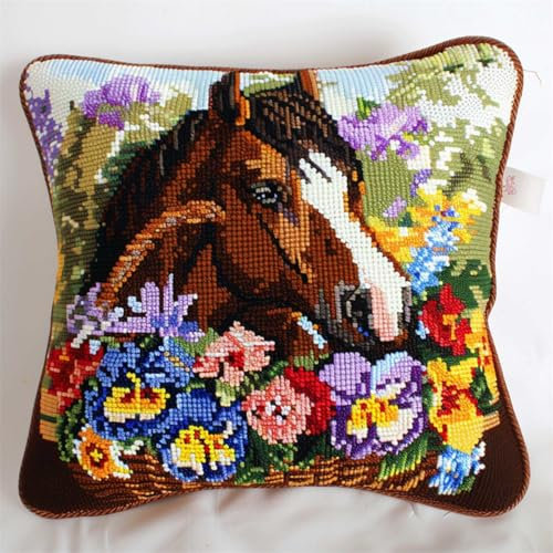 DIY knüpfen set anfänger Pferd und Blumen knüpfkissen mit vordruck Cartoon-Tiere DIY-Kreuzstich-Sofakissenbezug mit Knüpfwerkzeug，passend für Jugendliche und Erwachsene. Knüpfhaken-Kissen 43x43cm