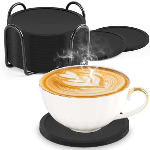 BOENFU Coasters Set of 12 Silicone Drinks Coasters with Holder Beer Mats Heat Resistant, Non-Slip, Round Black Drinks Coasters for Home, Office, Bars, 10cm
