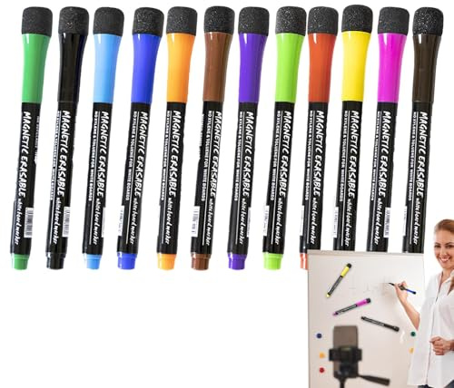 Torr avtorkbar märkpenna med magnet, magnetisk whiteboard-markör, magnetisk whiteboard-märkpenna med fin spets och suddgummi – färgglada, tunna, torra torkbara markörer med fin spets, 12 x