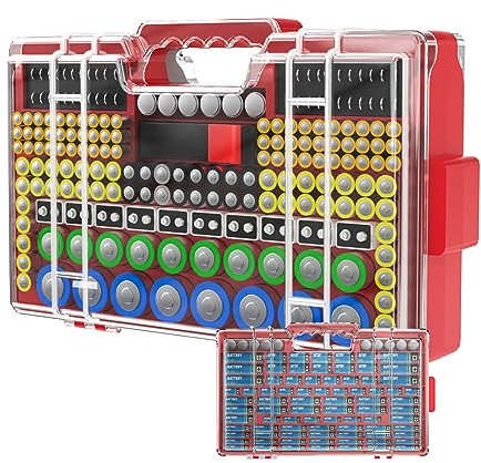 Narotood Battery Organizer Storage Holder Box Case with Tester, Ultra-Large 280+ Batteries Double-Sided Variety Pack,Holds AA AAA 4A C D Cell 9V 3V Lithium18650 LR44 CR2 CR123 CR1632 - Red