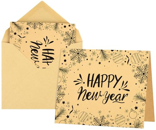 Morcheiong 36pcs Happy New Year Greeting Cards with Envelopes and Stickers Kraft Holiday Note Cards Blank Inside - Fashion Style