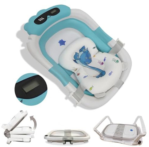 BAÑERA PLEGABLE BEBÉ 5 EN 1 Termómetro + Cojín Protector + Patas Antideslizantes + Tapón de Seguridad | Bebé Recién Nacido | Diseño Plegable en 2 | Fácil de Guardar y Transportar (AzulDinosaurio)