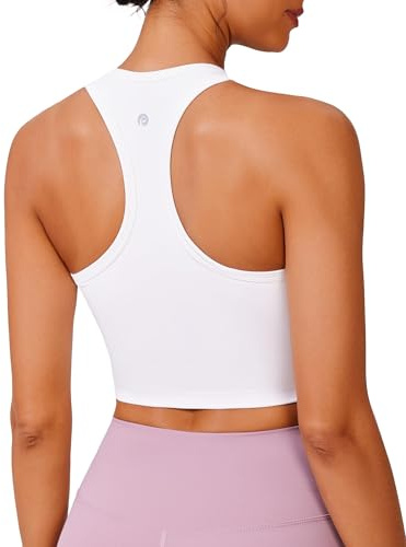 PINSPARK Sportbehå för kvinnor utan bygel, racerback, push-up, sportbehå med avtagbar, vadderad, andas, jogging, yoga, fitness, bh, sömlösa crop tanktoppar, Vit, L