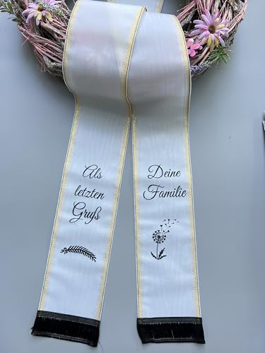 (9 Farbe Auswahl) Moire Trauerschleife mit Text personalisiert, Grabsgesteckband Bedruckt nach Wunschtext, Urnen- Grabstrausschleife, Kranzschleife (Cremefarben, 125mm)