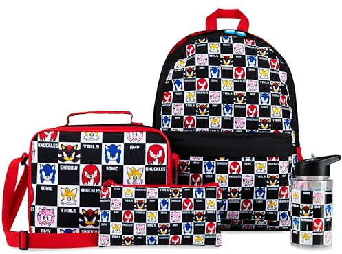 SONIC THE HEDGEHOG Get Trend Mochila Escolar Set de 4 Piezas con Botella Agua Estuche Niño Bolsa Almuerzo Shadow Knuckles Material Escolar