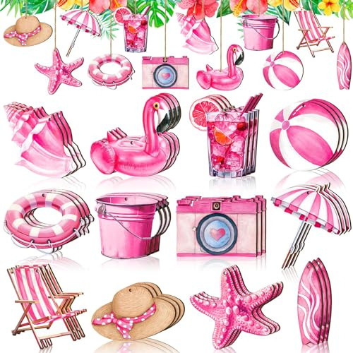 Sommer Baumschmuck 36 PCS Holzanhänger Sommer, Hawaii Deko Holz Fensterdeko Rosa Hängend Holzdeko Zum Aufhängen Fenster, mit Seil, für Strand, Tropische Party, Hawaii Party Dekoration