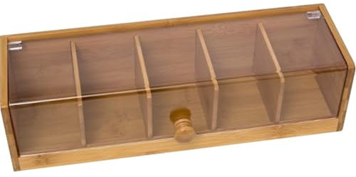 Caja de té de bambú con 5 compartimentos, a prueba de polvo y fugas, tapa transparente para almacenamiento de bolsas, perfecto para los amantes del té y la nización en el hogar