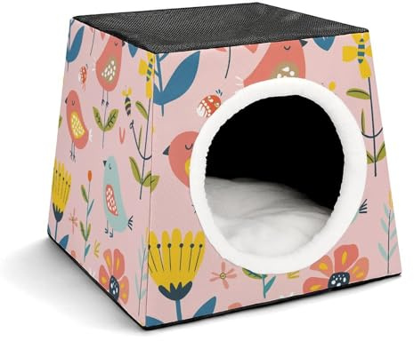 Cartoon Birds and Bees Capsule Cat Bed Stylish Cozy Space Foldable Windproof Dog House Cat Cave Cube Suitable for Small Pets