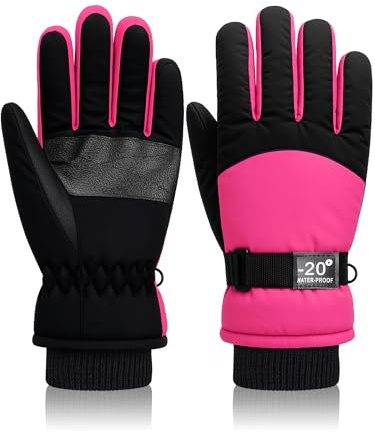 Geyoga Jetec Kids Waterproof Winter Snow Ski Gloves for Boys Girls Warm Thickening Snowboard Gloves Outdoor(Rose Red,8-12 Years)