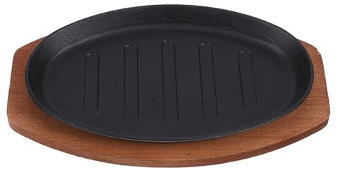 JECOMPRIS Cast Iron Sizzling Steak Plate with Wooden Base 11.61X7.28X1.38In Teppanyaki Grill Pan for Restaurant Barbecue and Home Cooking