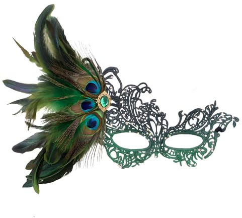 shirylzee Lace Feather Masquerade Mask for Women, Elegant Masquerade Ball Masks, Ladies Half Face Eye Mask, Gras Masks for Halloween Evening Prom Ball (Green)