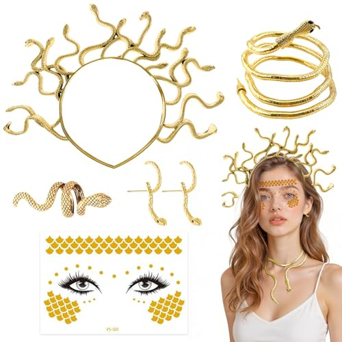 Lets Joy Schlangen Kopfschmuck, 5 Stks Medu-sa Schmuck Accessoires, Schlangen Zubehör, Halskette + Stirnband + Gesicht Tattoo + Ohrringe + Ring Schmuckset Cosplay Festival Fasching