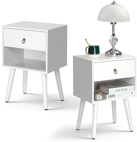 Bonnlo Bedside Table, 1 Drawer & Bottom Open Compartment Bedside Drawers, Nightstand with Ring Pull Handles & Solid Wood Legs, 38×30×55cm Storage Cabinet for Bedroom Living Room (2, White)
