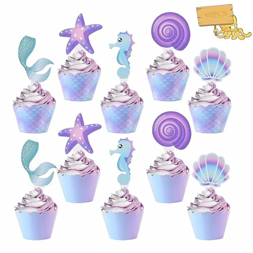 Decoraciones para Tartas de Sirena,40 PCS Adornos para Cumpleaños,Sirenita,Paquete Para Fiesta de Sirena,Adornos para Cupcakes,Adornoes para Cupcakes Graduación,para Fiestas Cumpleaños,Bodas,Fiestas