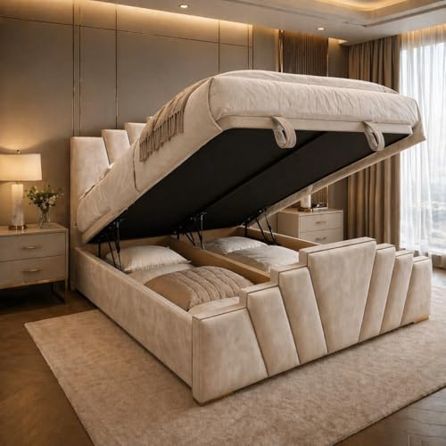 AL SULTAN Royal Crest 5FT King Ottoman Storage Bed Frame, Plush Velvet Divan Base with Dual Compartment Gas Lift Storage, 127cm Headboard, Cream