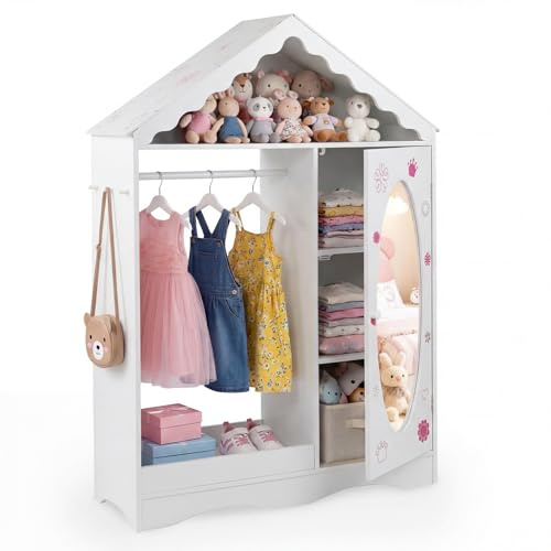 COSTWAY Kids Storage Closet, Children Wardrobe with Mirror, Open Hanging Rack, Shelves and Hooks, Open Dress Up Armoire Organizer for Boys Girls (White)