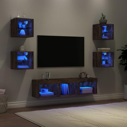 GeenYuu Unités murales TV en Bois d'ingénierie chêne fumé avec LED RVB 7 pièces, Meuble TV Design Mural Suspendu avec étagères, tiroirs et Rangement pour Salon multimédia