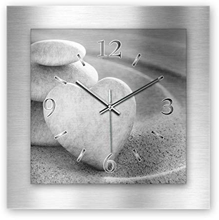 Kreative Feder 3D Designer-Wanduhr aus gebürstetem Aluminium leise Wanduhr ohne Ticken quadratisch 40x40cm (Steinherz, leises Funkuhrwerk)