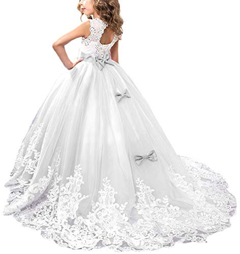 FYMNSI Vestito da Cerimonia Prima Comunione per Bambini Ragazza di Fiori, Maxi Abito Lungo Tulle Vintage Pizzo Principessa Senza Maniche Formale Nuziale Damigella d'Onore Bianco 12-13 Anni