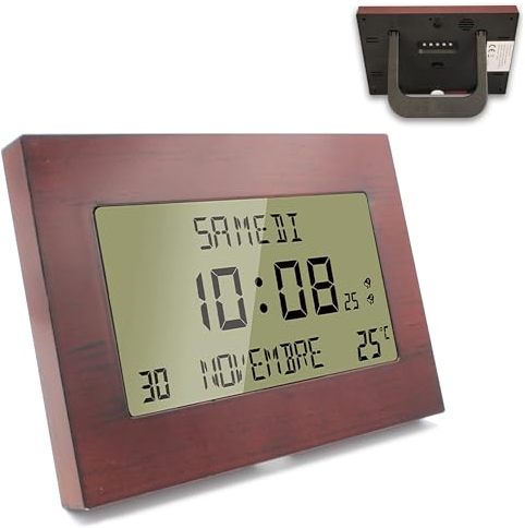 Fishtec - Horloge Réveil Numérique Murale Radiopilotée Motif Bois - Grand Écran LCD 23 x 16 cm - Affichage Date, Jour, Heure et Température - 8 Langues - À Poser ou Accrocher - Design Élégant