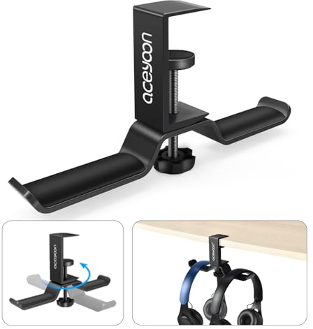 aceyoon Double Support Casque Rotatif à 360° Porte Casque en Aluminium pour Bureau Headset Stand pour Casque Gaming sans Fil Audio Bluetooth Repose Casque Super Capacité de Charge (Noir)