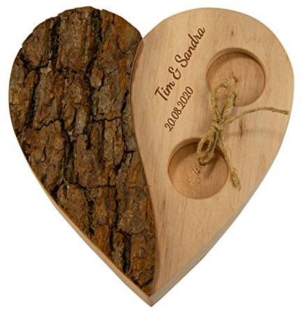 Personalisiertes Holz Herz Ringkissen zur Hochzeit | Graviert mit Namen des Brautpaares und Hochzeitsdatum | Boho Trauringkissen für Hochzeitsringe | Vintage Ringhalter Trauung Zeremonie Standesamt