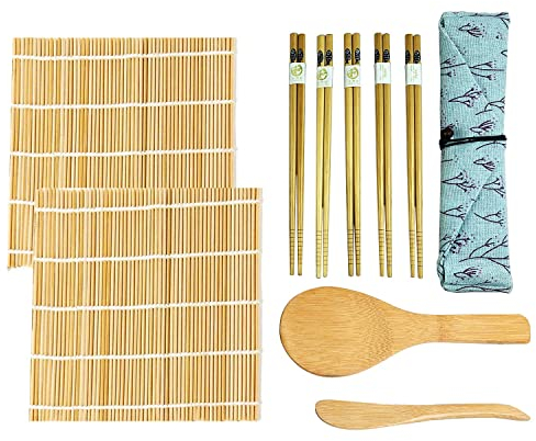 BluVast Kit para Hacer Sushi, 10 Piezas Herramienta para Hacer Sushi de Bambú, 2 Esterillas para Sushi,5 pares de Palillos,Pala de arroz,Separador de arroz,Bolsa de almacenamiento
