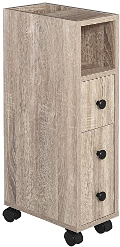 kleankin Armario de Baño con 4 Ruedas Mueble Auxiliar para Baño con Estante Abierto Puerta y Cajón para Espacio Reducido 18x30x68,5 cm Roble
