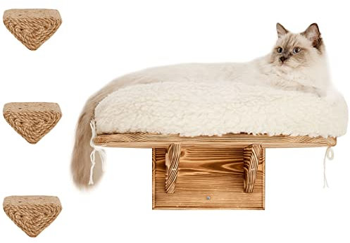 Wall Cat Bed With Set Of 3 Climbing Cat Sisal Rope Steps In Triangle Shape - Functional Tower Platform for Sleeping With Soft Cushion - Solid Wood Climbing Furniture, Wall Mounted Beds for Indoor Cats