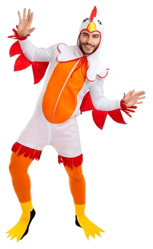 Funidelia Disfraz de Gallina para Hombre y Mujer con Mono, pantalón, cubrepiés y Capucha, Traje de Animales para Adulto, Disfraces de Carnaval y Despedidas – Talla S - M