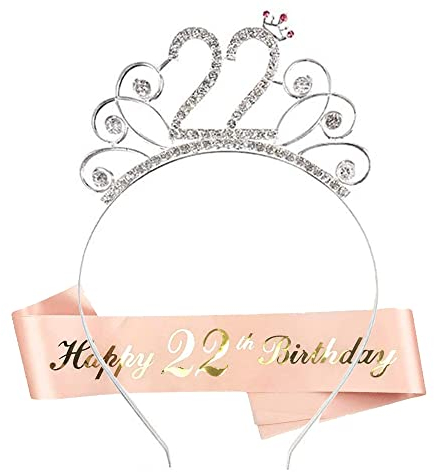 HCRXVV Set di 22. Corona di compleanno per addio al nubilato per 22 anni, decorazione per ragazze, con corone di cristallo, accessori per capelli in oro rosa, regalo per ragazze e donne
