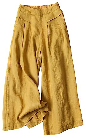 SCUSTY Linen Pants for Women Culottes Capris Wide Leg Palazzo Cropped Flowy Trousers(Yellow-XXL)