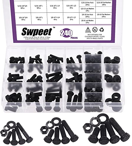 Swpeet 240Pcs 1/4-20 5/16-18 3/8-16 12 Tailles Acier au Carbone de Finition en Zinc Noir Kit d'assortiment de Boulons d'écrou USS de Grade 8, écrou de Boulon Lourd et Assortiment de Rondelle