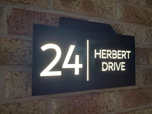 One of a Kind Design UK Personalised Contemporary Solar Light House Sign 305x155MM Personalised Address Number Plate Rectangular House Sign UV Stable LED Illuminated, Black