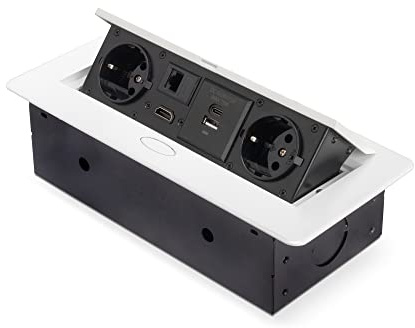 Emuca - Bloc multiprise escamotable pour encastrer au Bureau, Bloc multiprise Plan de Travail (Prise EU Type F, USB A+C, RJ45 et HDMI), 265x120mm, Blanc