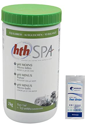 HTH Spa pH Minus Mikrokugeln – 2 kg | fester pH-Korrektor – Senkt den pH-Wert – schnelle Auflösung + 10 HPS-6-in-1-Tests gratis