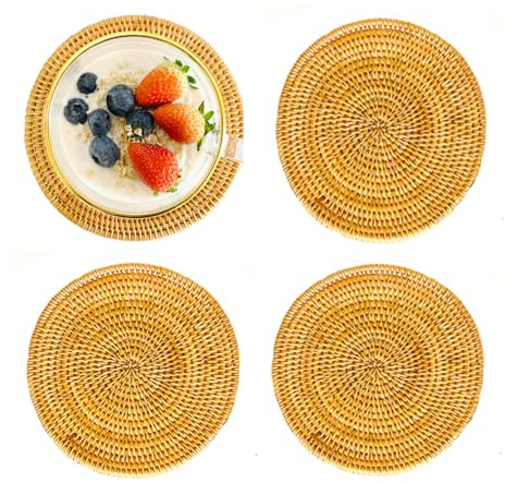 Tiamu 4Pcs Runde Tischsets Abwaschbar, 18cm Geflochten Untersetzer Esstisch , Platzsets Abwaschbar, Tischset Boho aus Rattan, Platzdeckchen, Topfuntersetzer hitzebeständig, Einzugsgeschenke