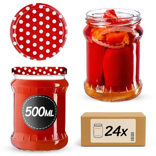 KADAX 24er Set Einmachgläser 500ml TO82 Rot Gepunktet, Sturzgläser Mason Jar mit Schraubdeckel, Luftdichte Twist-off Gläser, Meal Prep, Overnight Oats, Sauerteig