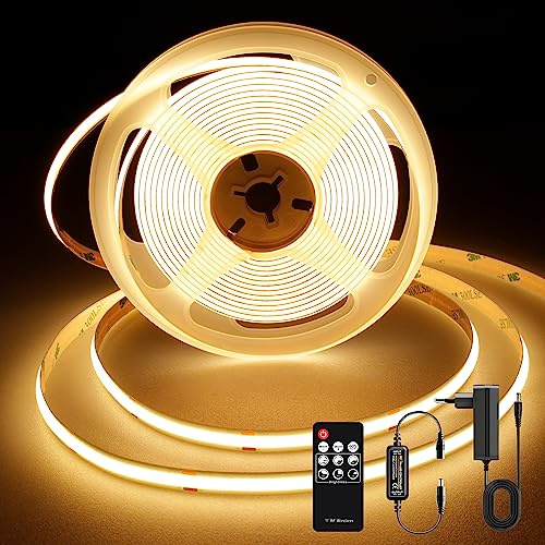 TTWAY COB LED Streifen 2m, LED Strip Warmweiß 2700K, 480 LEDs/m, CRI 90+ | 8mm Breite, Selbstklebend, LED Streifen mit Netzteil und Fernbedienung, 24v Dimmbar Lichtband Strips für zimmerdekoration