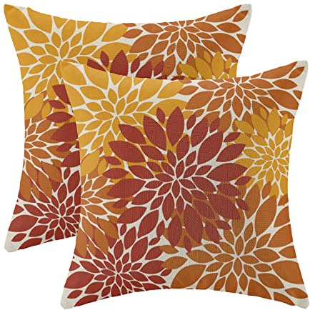 Gohdiwh Herbst-Kissenbezüge, 45.7x45.7 cm, 2 Stück, gebranntes Orange, gelbe Dahlie, florales dekoratives Herbst-Wurfkissen, Leinen, geometrische Blume, moderner Stil, Couch, Outdoor-Dekoration