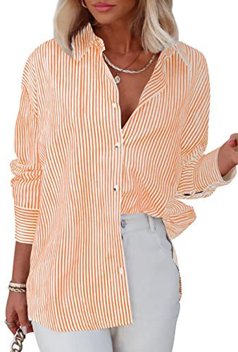Homlan Blusa de Manga Larga para Mujer, a Rayas, Informal, Cuello en V, Camisa de Trabajo, Holgada, con Botones
