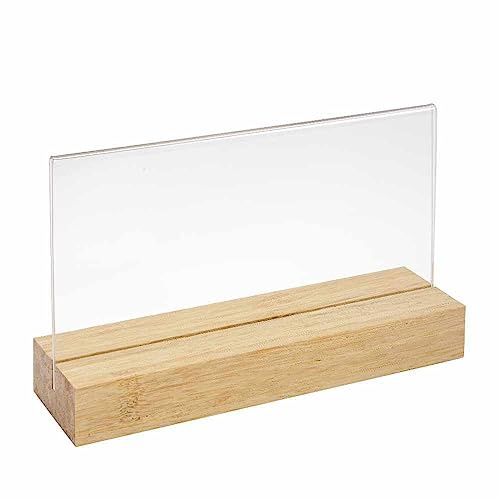 Doppelseitiger Tischkartenhalter DIN DL Quer Fuß aus hellem Bambus + Acryl | 2-teilig, Tasche aus echtem Acrylglas glarklar, Einsteclfuss aus Bambus, Tasche mit Schutzfolie, Einfacher Blattwechsel