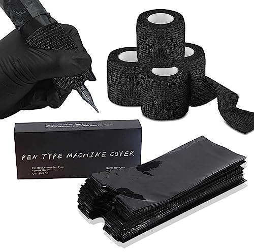 Rayyl 200PCS Tattoo Pen Covers with 4 Rolls Tattoo Bandage Grip Tapes for Machine Pen (Black)