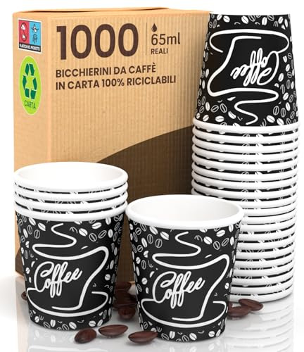 Eurocali 1000 Bicchierini in Carta Per Caffè 65ml BlackCUP Bicchieri Ecologici Biodegradabili Monouso Piccoli Asporto Bevande Calde