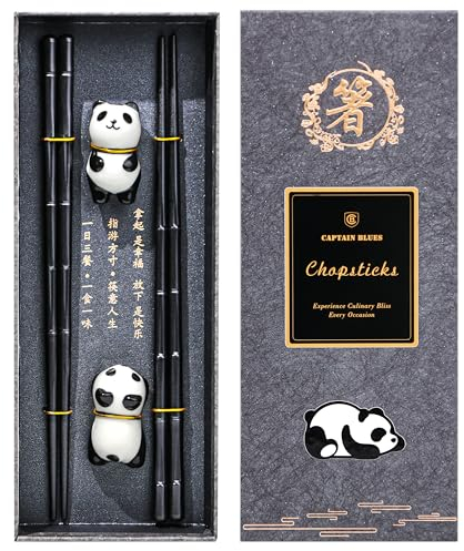 Captain Blues 2 Paar Essstäbchen-Set: Chinesische Stäbchen, rutschfeste Fiberglas Sushi-Stäbchen , wiederverwendbare japanische Chopsticks,Spülmaschinenfest mit 2 Panda-Keramik Stäbchenhaltern