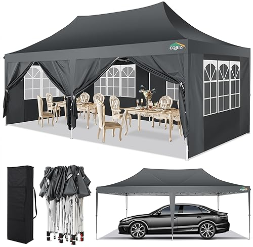 COBIZI Pavillon 3x6, Faltpavillon 3x6 Wasserdicht Stabil Winterfest, Sofort aufklappbare Vordächer Outdoor Gartenzelt mit 6 Seitenteilen, für Party Garten Festival, Grau