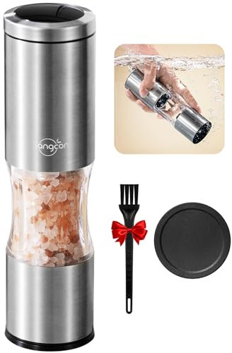 Sangcon Molinillo de sal y pimienta, elegante molinillo de sal y pimienta de acero inoxidable, 6 ajustes gruesos y finos, molido a mano muy suave (paquete individual)