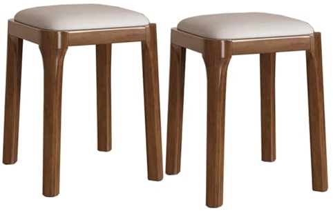 GIZNXBA Esszimmerstühl Holz Hocker 2er Set, Barhocker Mit Gepolstertem Sitz, Leder Polsterstuhl Esszimmer Küchenhocker Modern Holz Eitelkeit Hocker Leder Esszimmerstühle Für Wohnzimmer(/Beige)