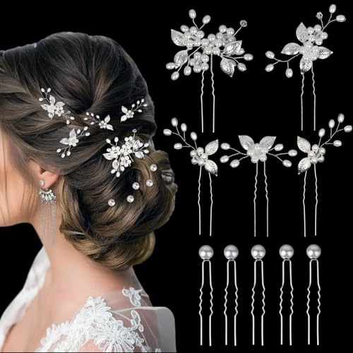 Förpackning med 10 bröllop silver håraccessoarer brud hår accessoarer med pärlor och blomma, U-formade hårnålar för brudtärnor blommor flickor kvinnor