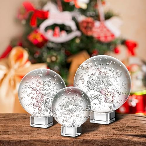 ZEERSHEE 3 Pcs 60/80/100mm Crystal Bubble Balls Solid Glass Photography Decorative Sphere Water Fountain Bubble Ball Feng Shui Gazing Divination Globe for Christmas Decoration